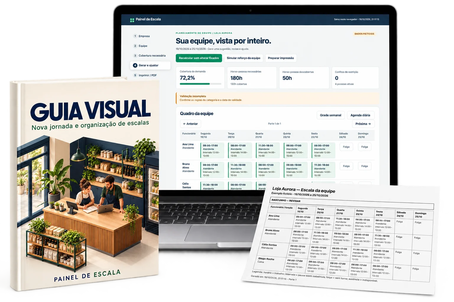 Mockup ilustrativo do Painel de Escala, com notebook, guia e quadro impresso